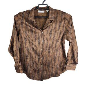 Womens Brown Valerie Stevens 100% Pure Silk Shirt Button Down Long Sleeve 10